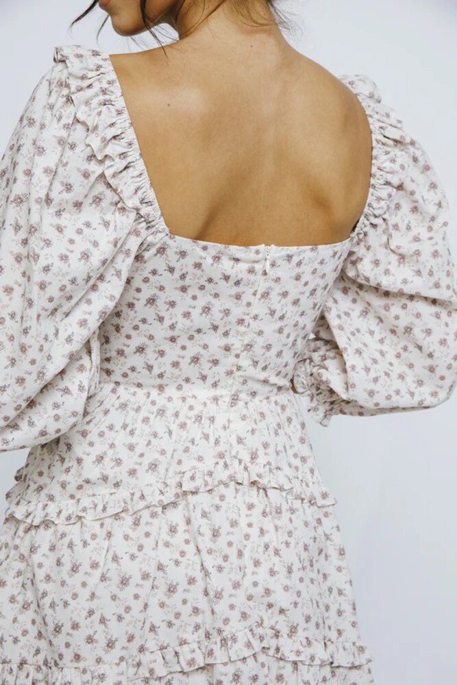 NWT Storia Puff Sleeve Cream & Pink Floral Dress Size Large - Picture 3 of 9